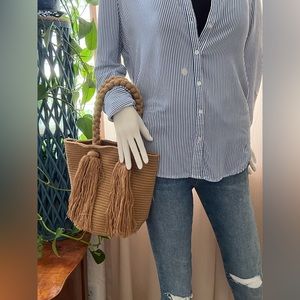 Small Classic Tan Handwoven Tote Bag - Boho Chic Trendy Top Handle Bag